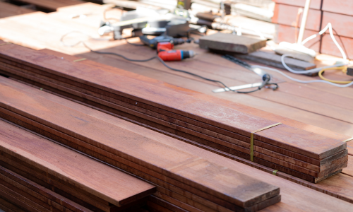 Stacked decking materials.