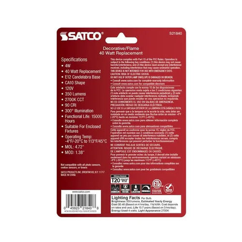 Satco S21840 4 Watt CA10 Candelabra Base LED Bulb